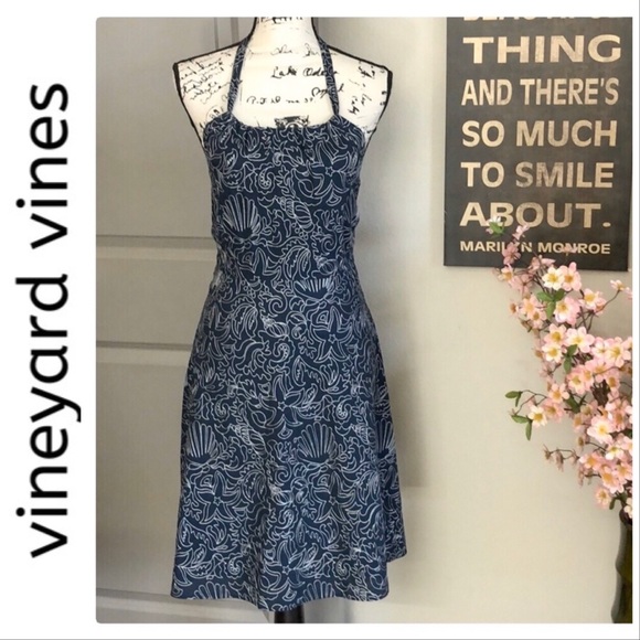 Vineyard Vines Dresses & Skirts - Vineyard Vines Navy Halter Dress White Embroidery